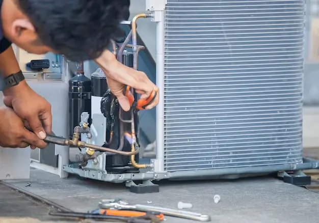 air conditioning repair team use fuel gases oxygen weld cut metals oxyfuel welding oxyfuel cutting processes repairman floor fixing air conditioning system-air conditioner maintenance service